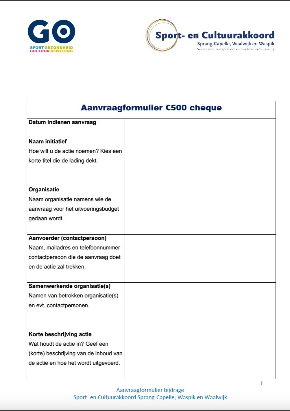 Aanvraag 500 EURO cheque Sport- en Cultuurakkoord