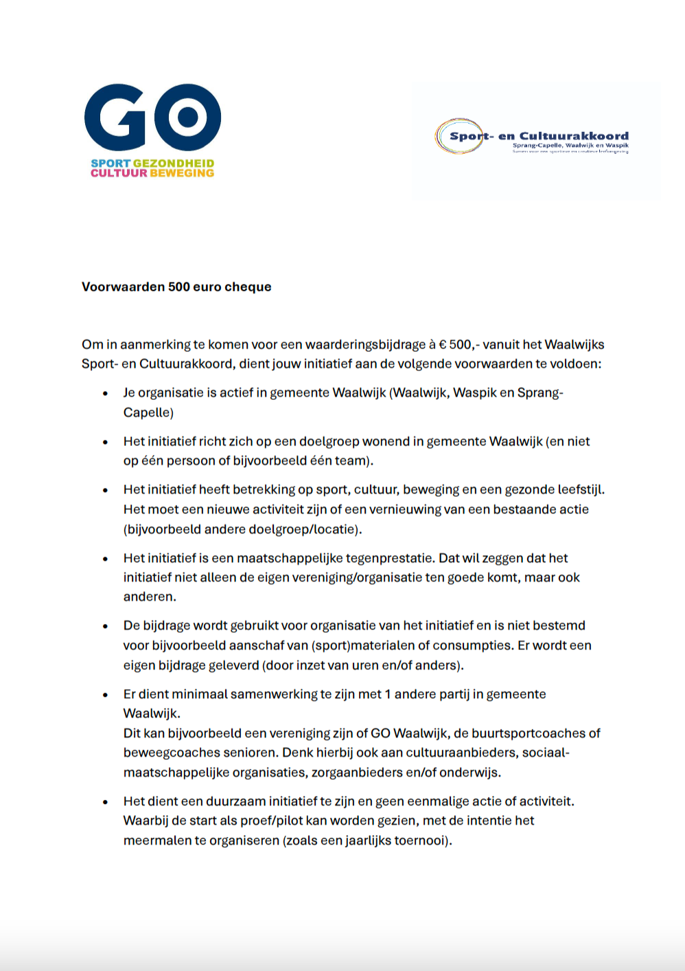 Voorwaarden 500 euro cheque Sport- en Cultuurakkoord