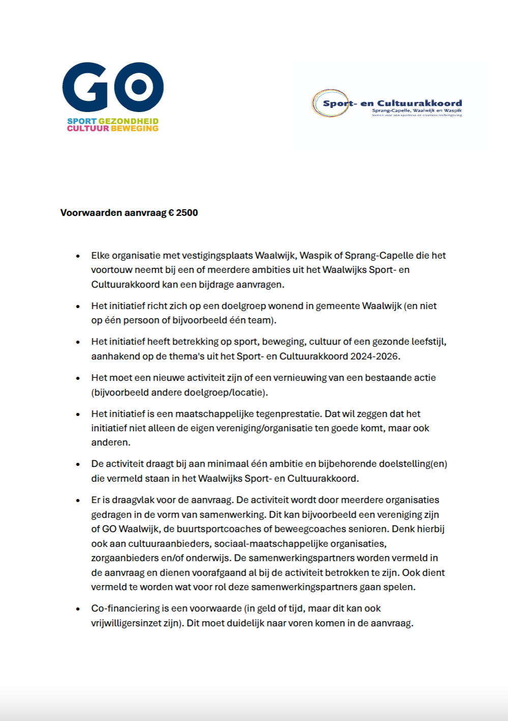 Voorwaarden aanvraag 2500 Sport- en Cultuurakkoord
